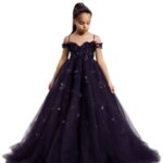 Girls Dark Purple Princess Party Gown | Kids Embellished Tulle Wedding Dress
