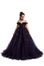 Girls Dark Purple Princess Party Gown | Kids Embellished Tulle Wedding Dress