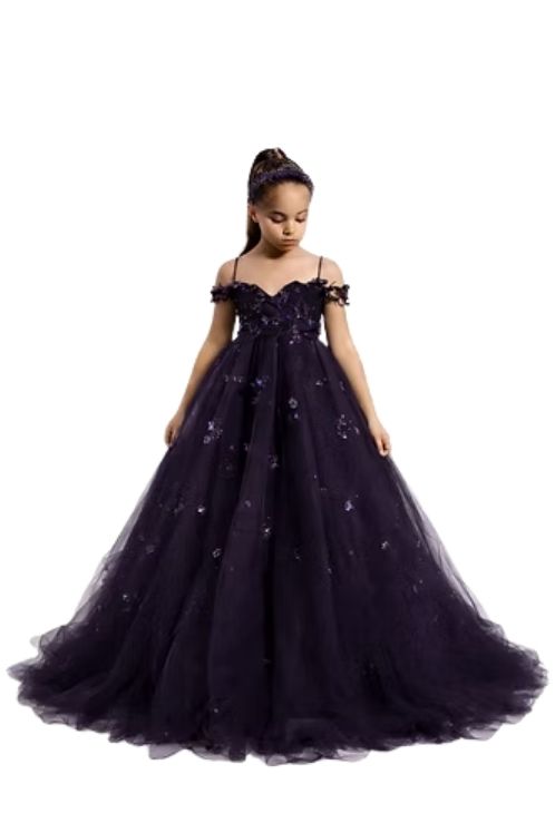 1 Girls Dark Purple Princess Party Gown | Kids Embellished Tulle Wedding Dress - Image 1