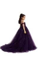 Girls Dark Purple Princess Party Gown | Kids Embellished Tulle Wedding Dress - Image 4