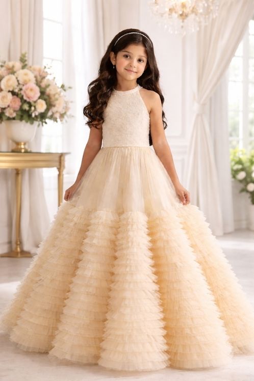 Girls Princess Party Gown | Kids Layered Tulle Wedding Dress
