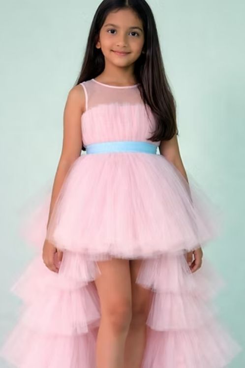 43 Girls Pink High Low Tulle Party Dress Kids Birthday Princess Dress Outfit - Image 1
