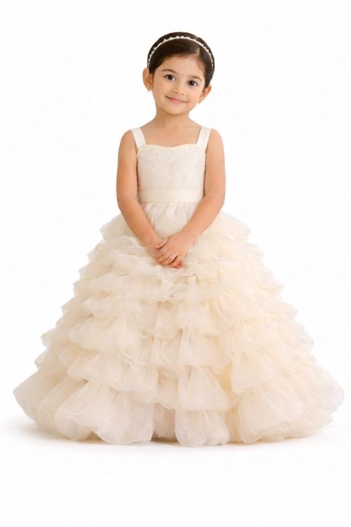 63 Girls Cream Ruffle Princess Gown Kids Birthday Party Dress - Image 1
