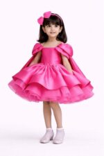 Girls Hot Pink Party Dress Kids Birthday Princess Dress With Cape Sleeves