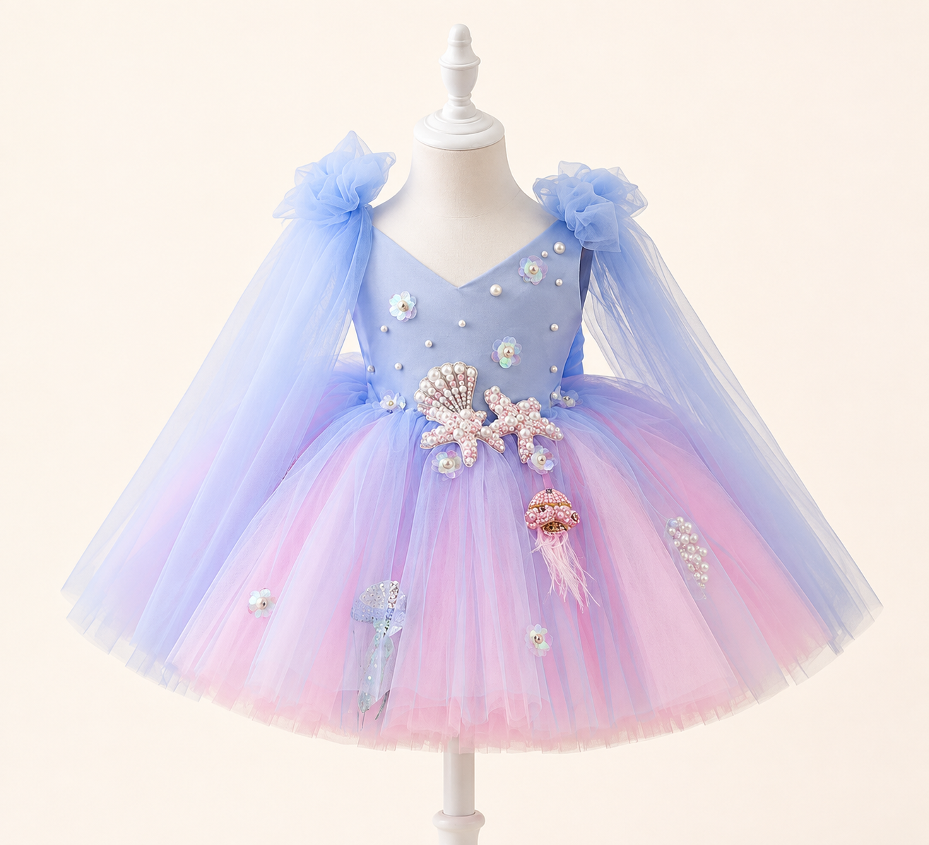 11 Girls Mermaid Theme Princess Party Dress | Blue & Pink Tulle Birthday Dress - Image 1