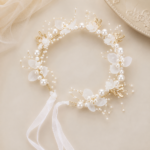 PAKHIRA Girls Pearl & Floral Hair Vine Tiara | Adjustable Gold Hair Crown with White Flowers & Ribbon Tie | Wedding, Birthday, Communion & Party Hair Accessory