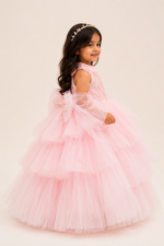 Girls Pink Princess Party Dress – Embroidered Tulle Frock with Puff Sleeves - Image 2
