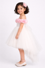 Ivory Floral Off-Shoulder High-Low Party Dress for Girls - Image 4