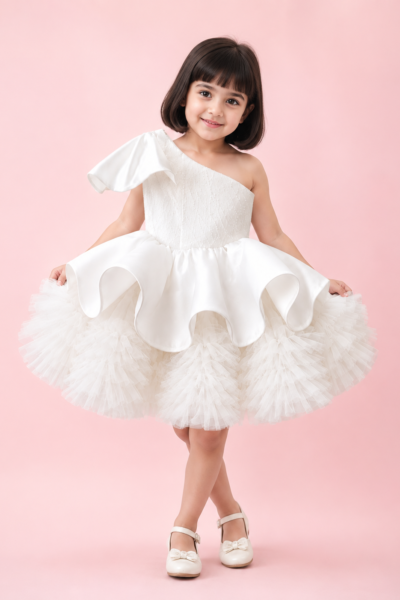 White one-shoulder princess party dress for girls with voluminous layered tulle skirt and elegant flared silhouette