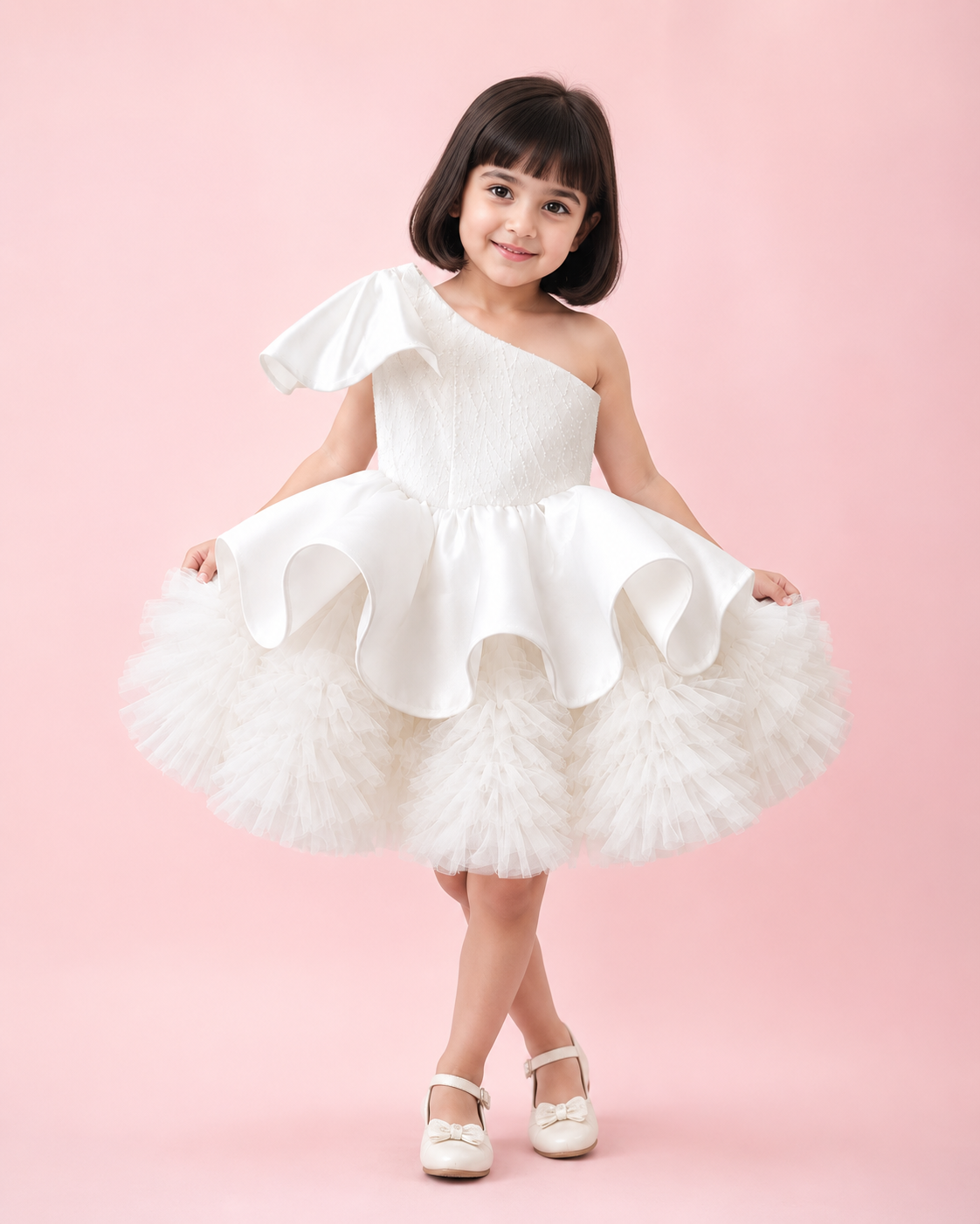 White Princess Party Dress for Girls | One Shoulder Tulle Frock | Kids Birthday & Wedding Dress White one-shoulder princess party dress for girls with voluminous layered tulle skirt and elegant flared silhouette