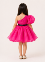 Hot Pink One-Shoulder Puff Sleeve Party Dress for Girls - Image 3