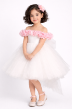 Ivory Floral Off-Shoulder High-Low Party Dress for Girls