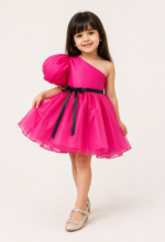 Hot Pink One-Shoulder Puff Sleeve Party Dress for Girls - Image 2