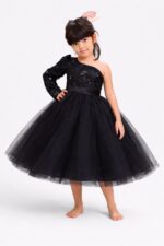 Pakhira Girls Black One Shoulder Party Midi Dress