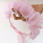 Girls Pink Floral Headband | Handmade Flower Hair Crown with Ribbon Tie