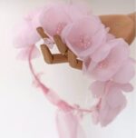 Girls Pink Floral Headband | Handmade Flower Hair Crown with Ribbon Tie