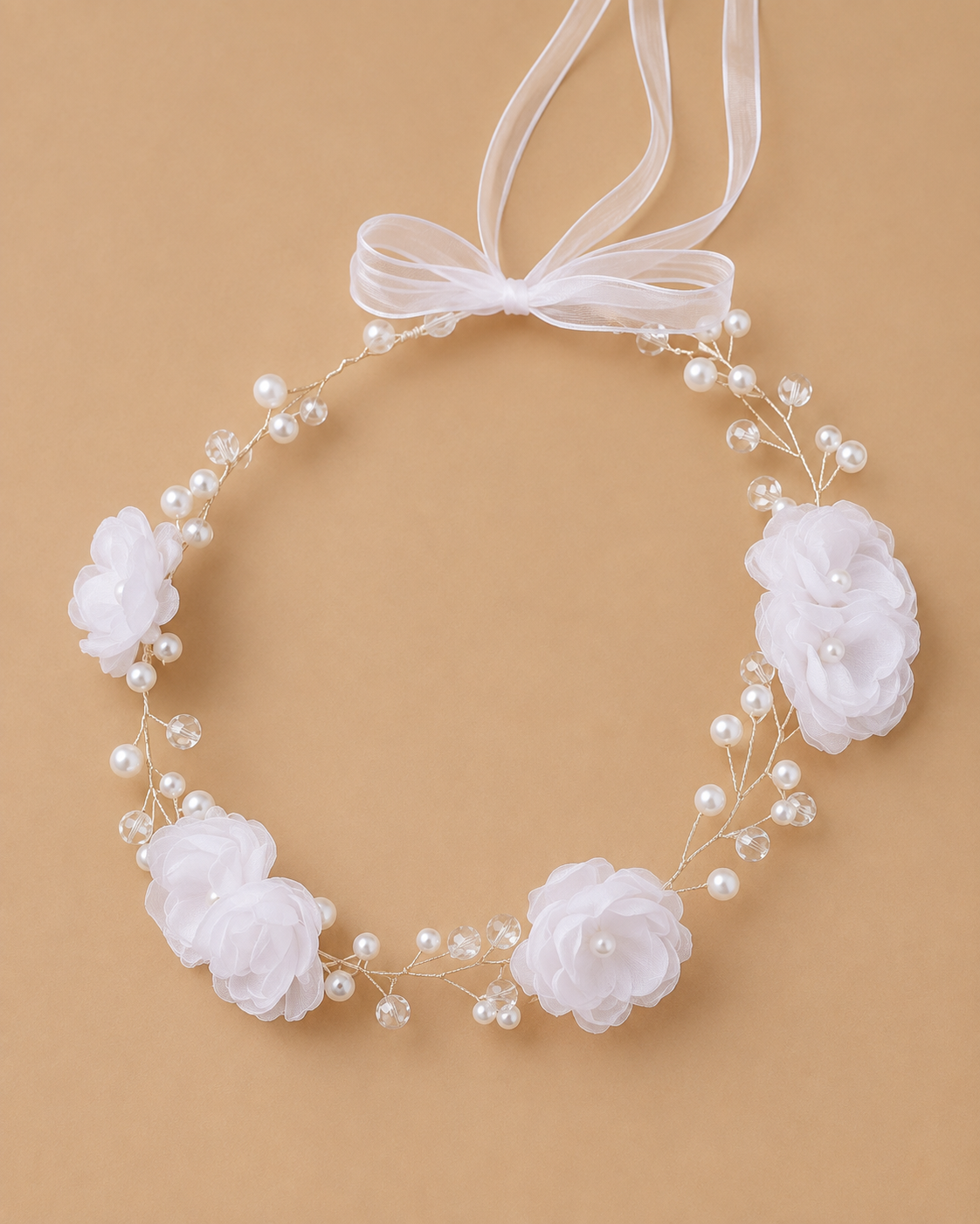 e6567bc6-7c21-4e5c-a69e-c4daf2d7d520 White Tiara with flower and beads - Image 1