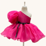 Hot Pink One-Shoulder Puff Sleeve Party Dress for Girls
