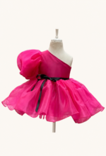 Hot Pink One-Shoulder Puff Sleeve Party Dress for Girls